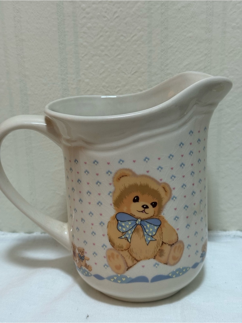 Ceramic Teddy Bear Pitcher with Blue Bow - Picture 5 of 11